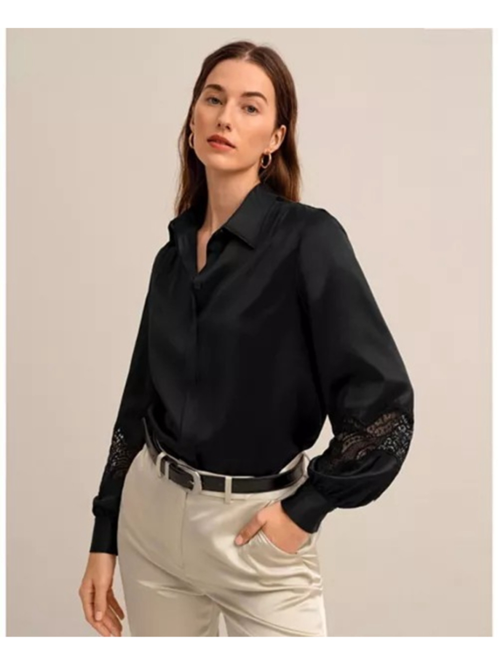 LilySilk Armeria Mulberry Silk Shirt Blouse Sz L Black Lace Luxury Elegant